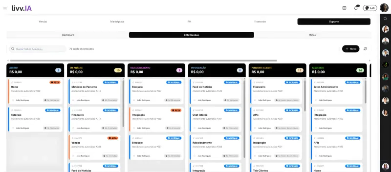 Kanban de suporte do livv.IA CRM