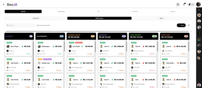 Kanban de vendas com cards movendo-se automaticamente entre etapas